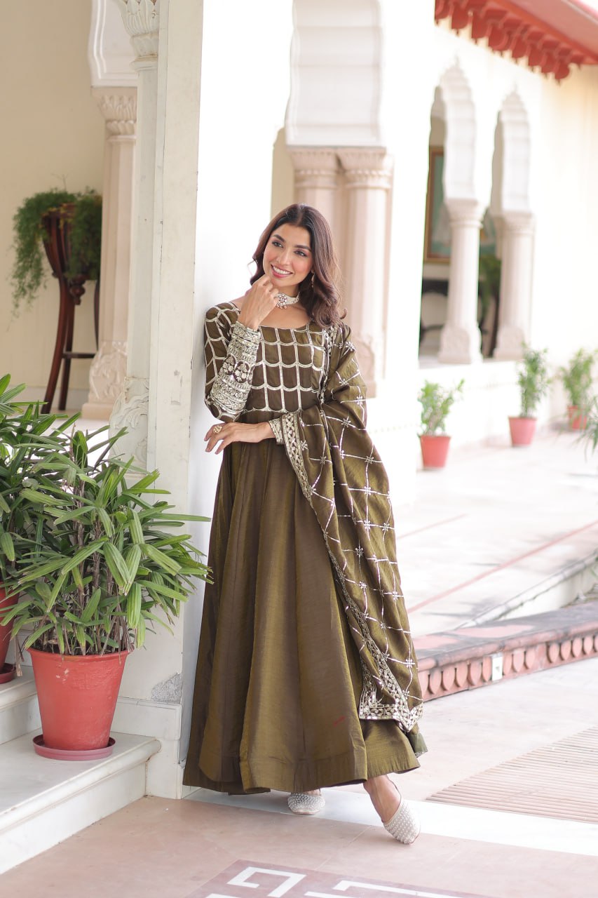Designer Sequince with Thread Embroidered Gown of Green Colour