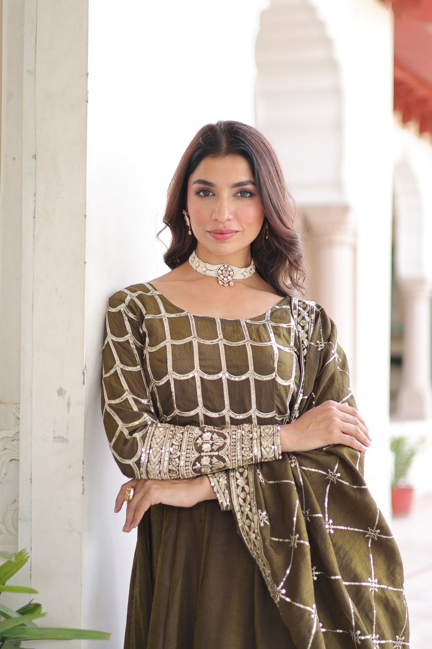 Designer Sequince with Thread Embroidered Gown of Green Colour