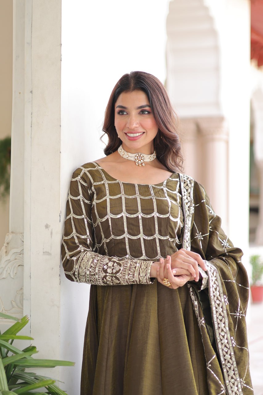 Designer Sequince with Thread Embroidered Gown of Green Colour