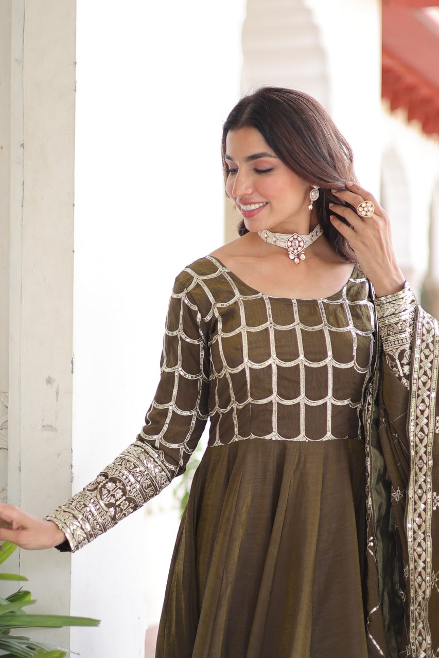 Designer Sequince with Thread Embroidered Gown of Green Colour