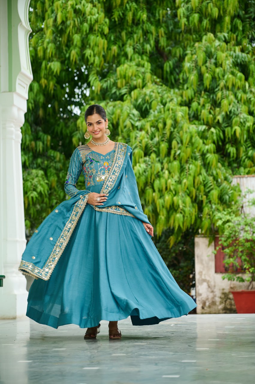 Designer Sequince with Thread Embroidered Gown of Teal Colour