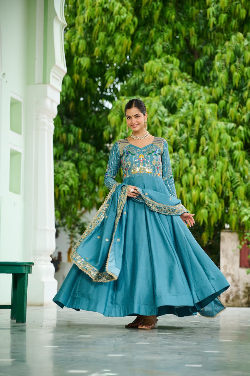 Designer Sequince with Thread Embroidered Gown of Teal Colour
