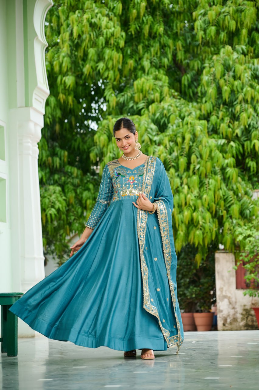 Designer Sequince with Thread Embroidered Gown of Teal Colour