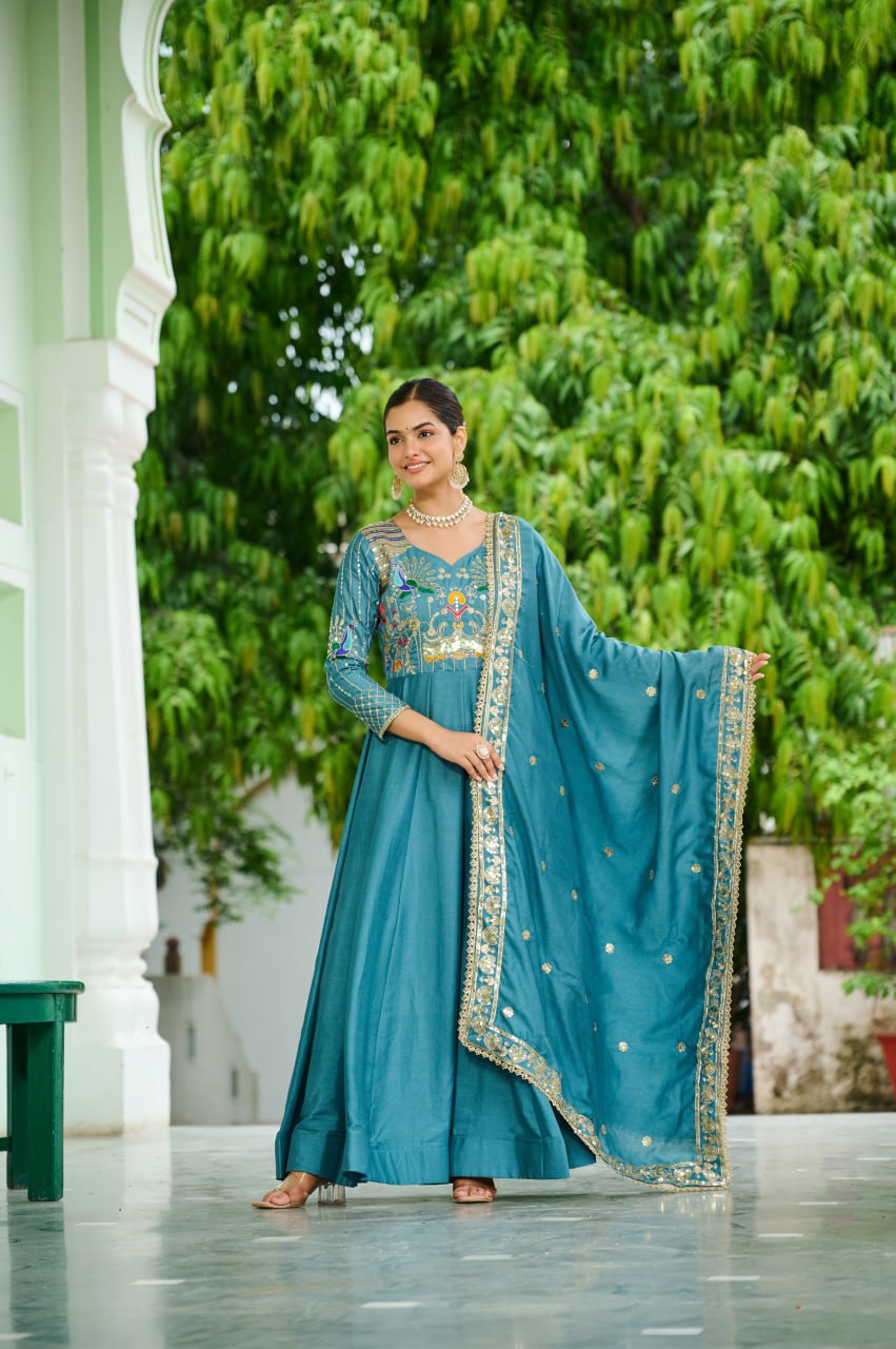 Designer Sequince with Thread Embroidered Gown of Teal Colour