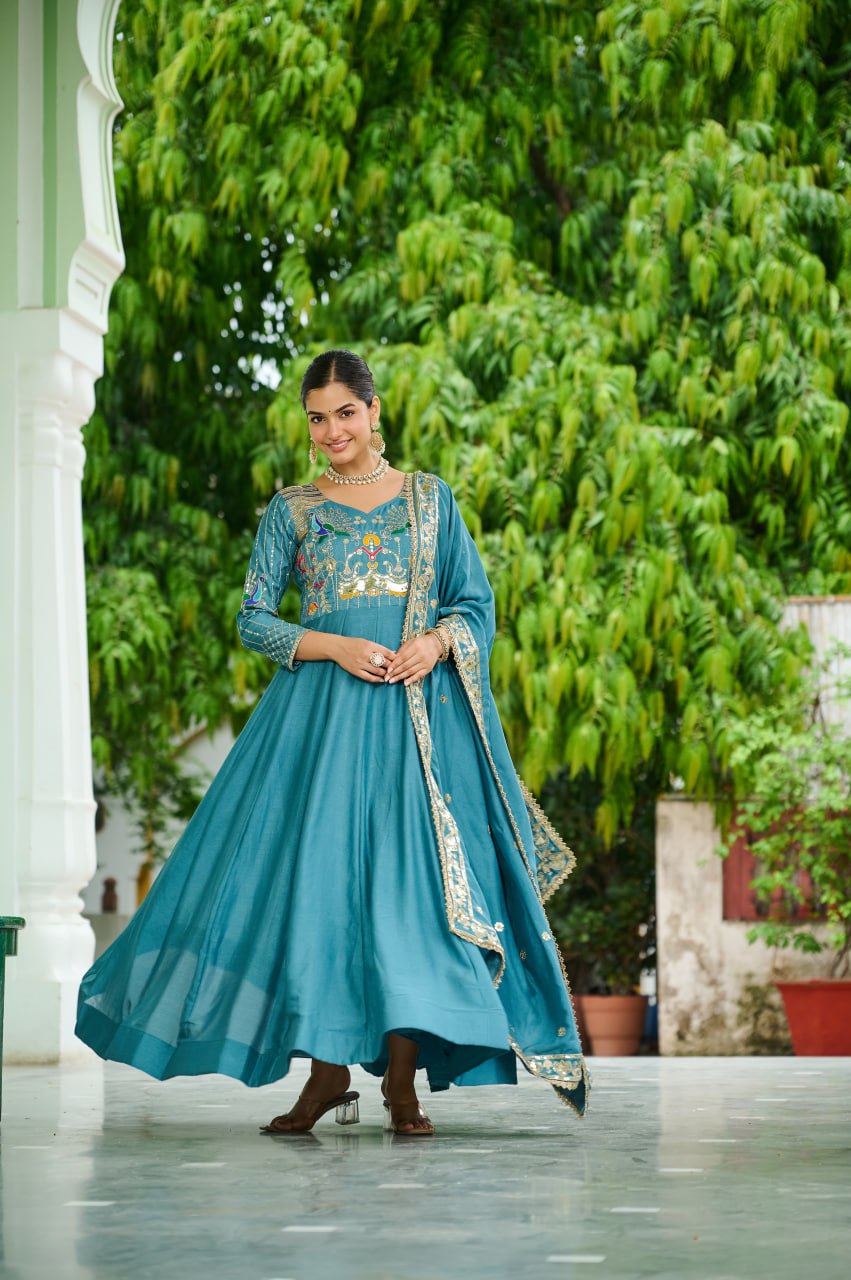 Designer Sequince with Thread Embroidered Gown of Teal Colour