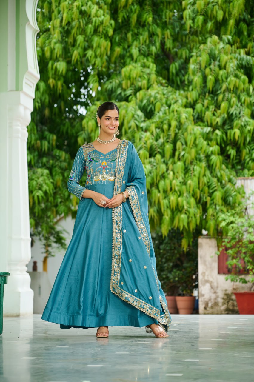 Designer Sequince with Thread Embroidered Gown of Teal Colour