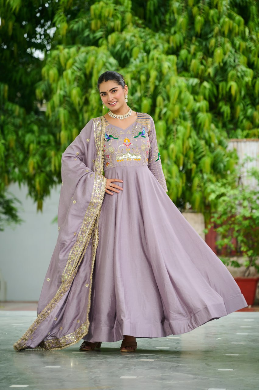 Designer Sequince with Thread Embroidered Gown of Purple Colour