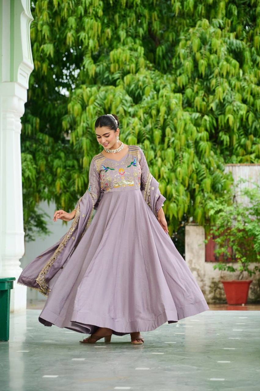 Designer Sequince with Thread Embroidered Gown of Purple Colour