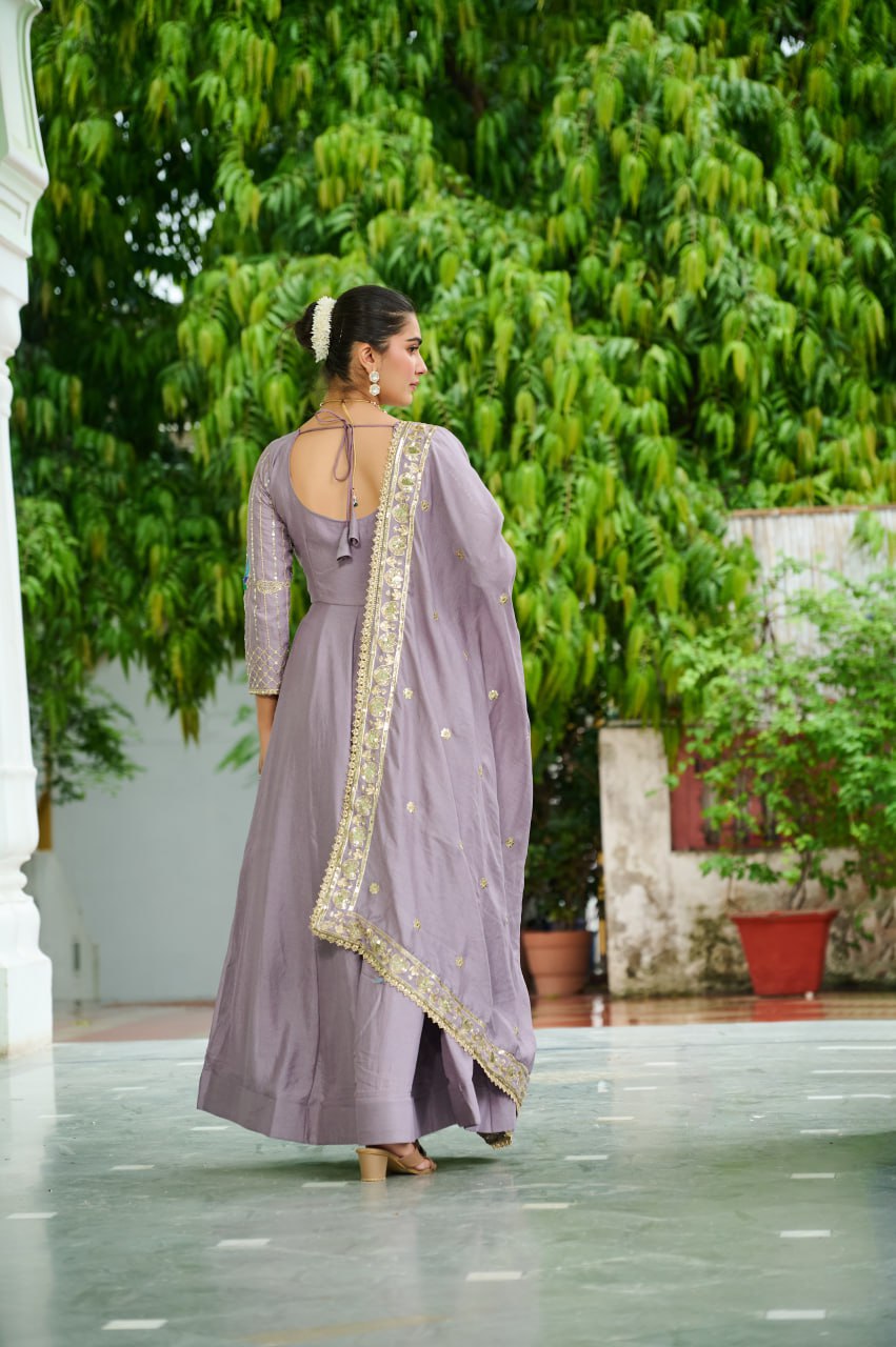 Designer Sequince with Thread Embroidered Gown of Purple Colour