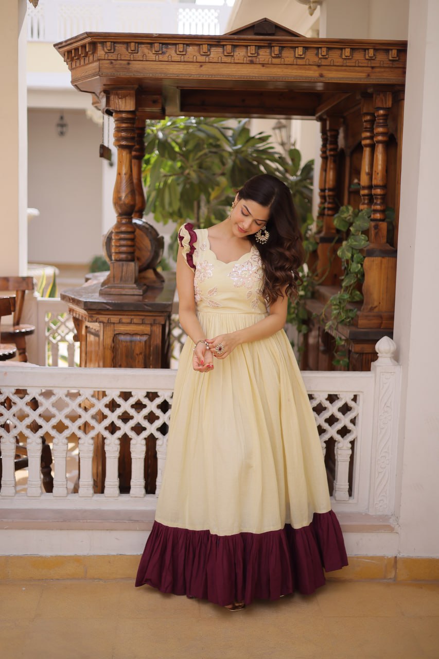 Designer Floeal Embroidered Gown of Yellow Color