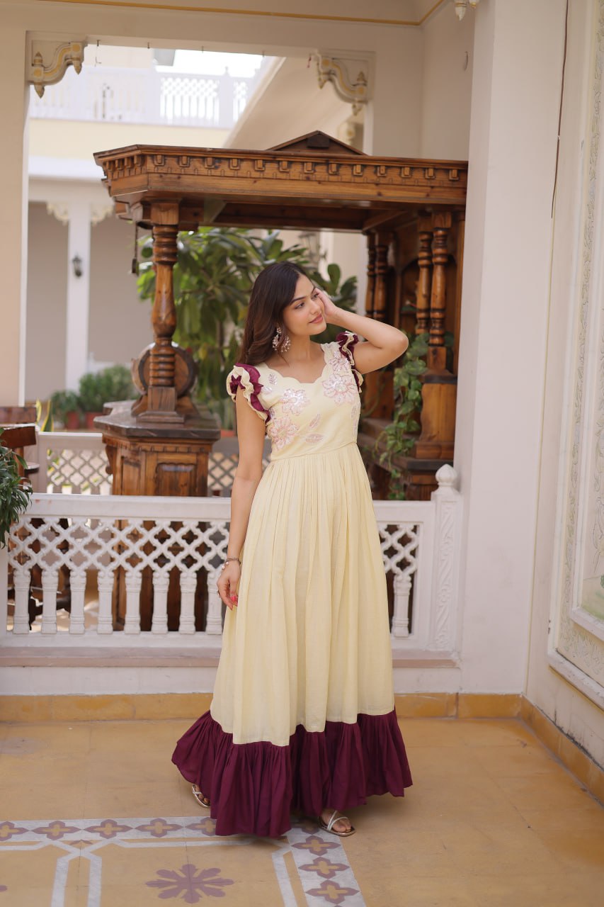 Designer Floeal Embroidered Gown of Yellow Color