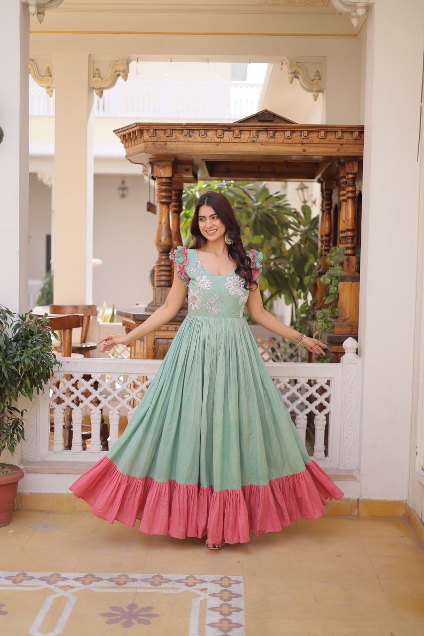 Designer Floeal Embroidered Gown of Mint Green Color