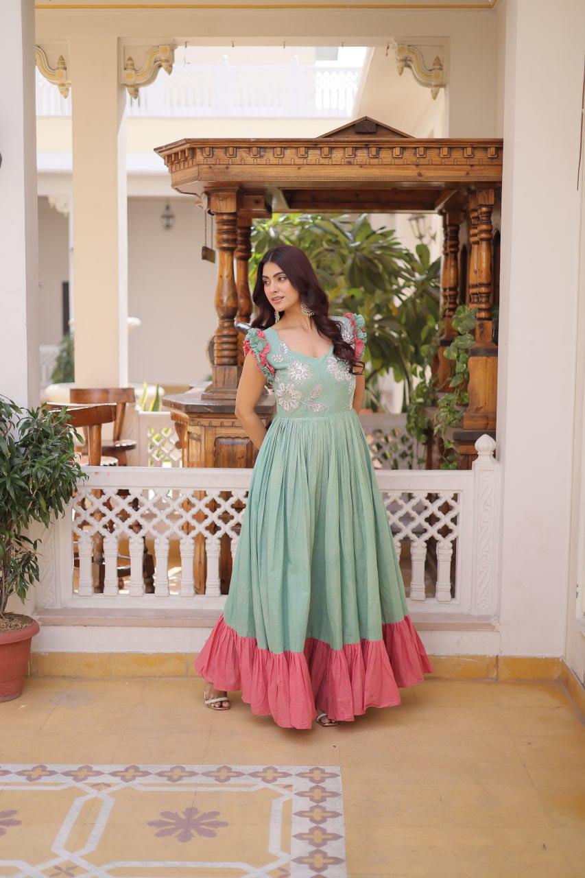 Designer Floeal Embroidered Gown of Mint Green Color