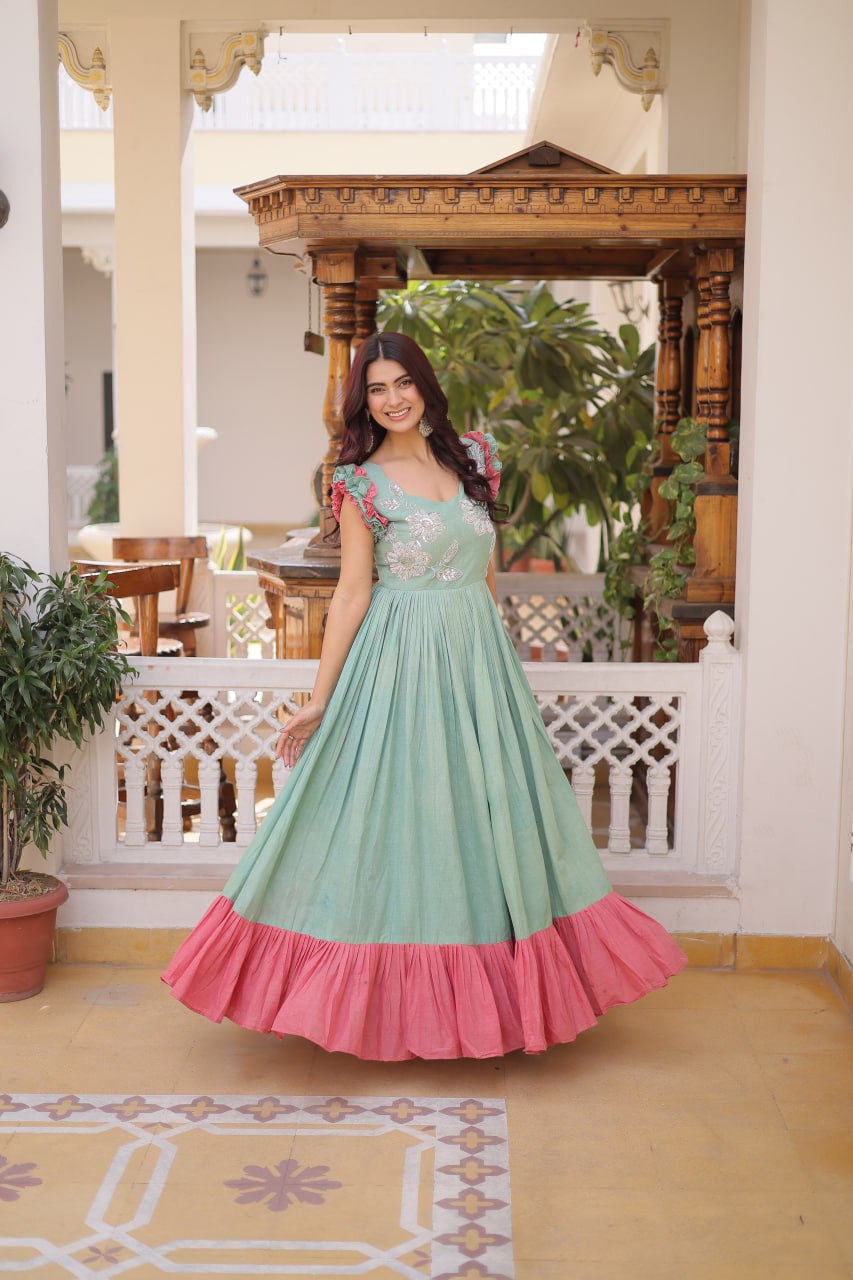 Designer Floeal Embroidered Gown of Mint Green Color