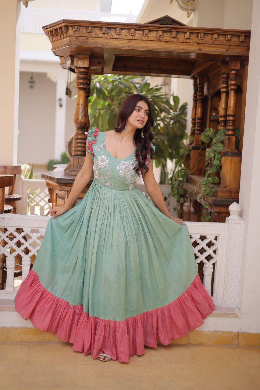Designer Floeal Embroidered Gown of Mint Green Color