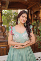 Designer Floeal Embroidered Gown of Mint Green Color
