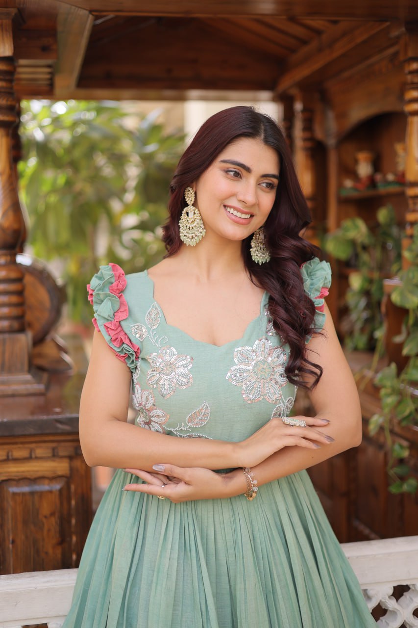 Designer Floeal Embroidered Gown of Mint Green Color