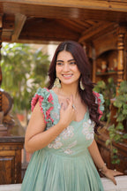 Designer Floeal Embroidered Gown of Mint Green Color