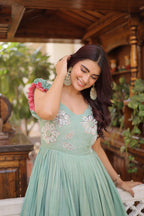 Designer Floeal Embroidered Gown of Mint Green Color