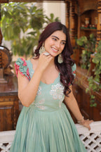 Designer Floeal Embroidered Gown of Mint Green Color