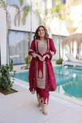 Elegant Straight Kurti Pant Dupatta Set of Red