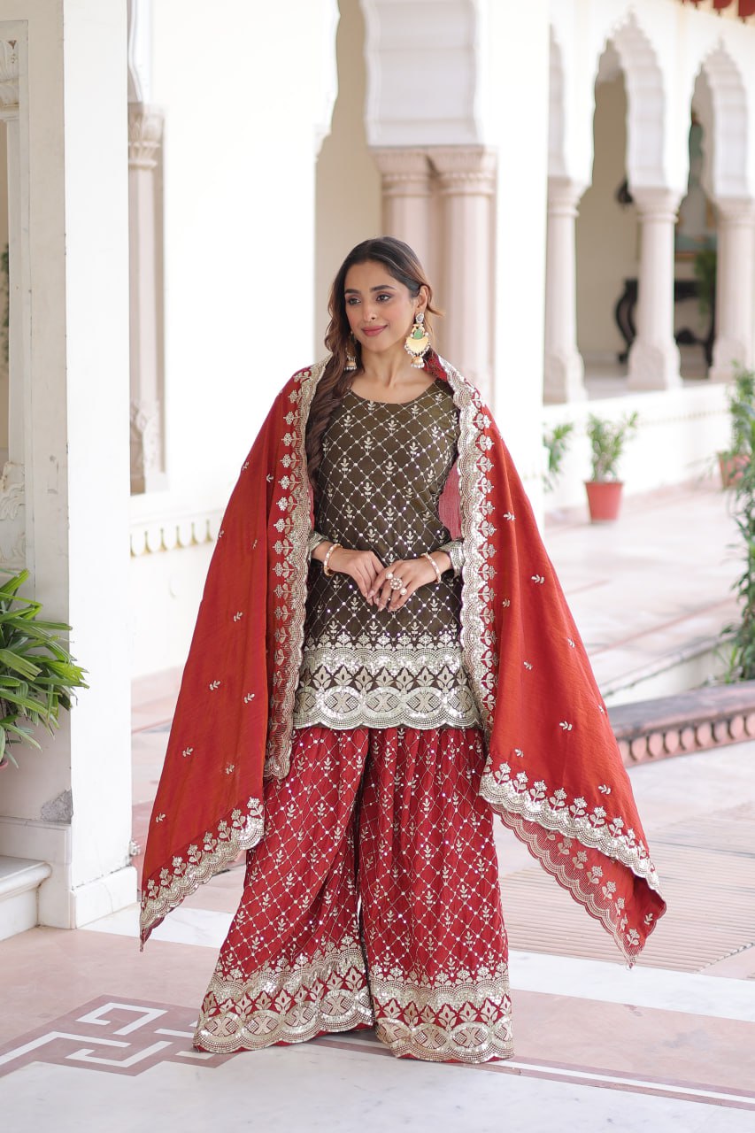 Designer Embroidered Kurta & Sharara with Dupatta