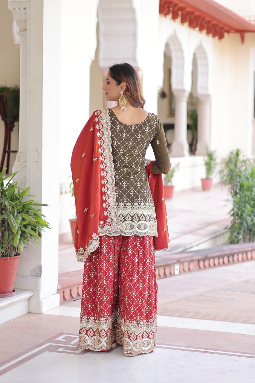 Designer Embroidered Kurta & Sharara with Dupatta