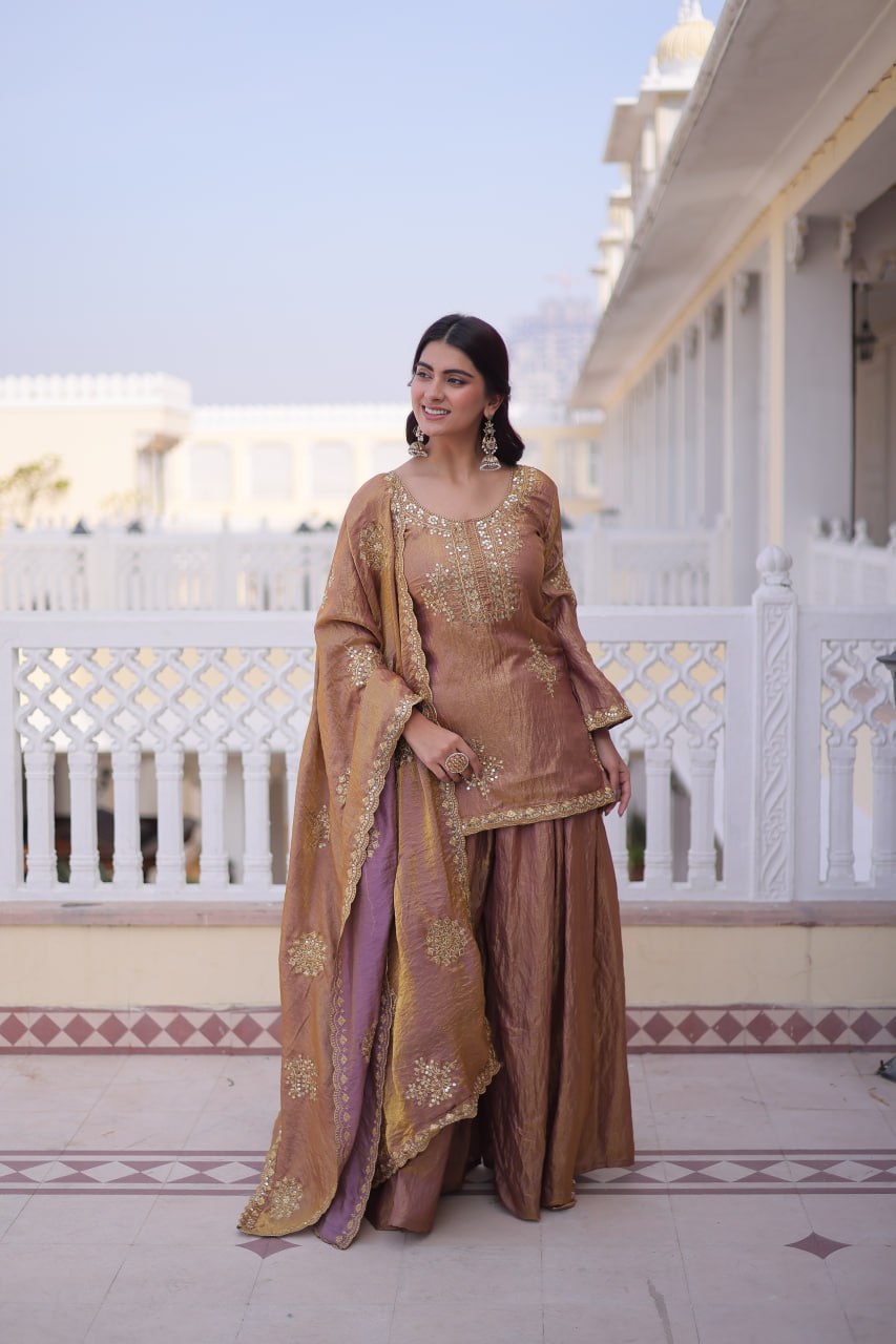 Kalikar Fendi Crush with Zari  Sequins Embroidered work Sharara Set - 1229