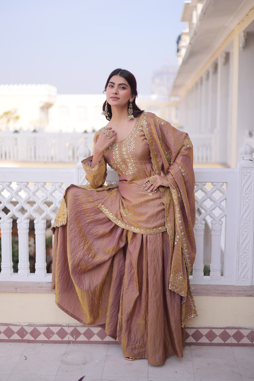 Kalikar Fendi Crush with Zari  Sequins Embroidered work Sharara Set - 1229