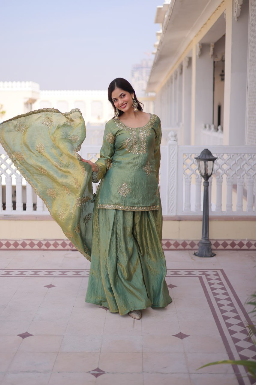 Kalikar Fendi Crush with Zari  Sequins Embroidered work Sharara Set - 1229