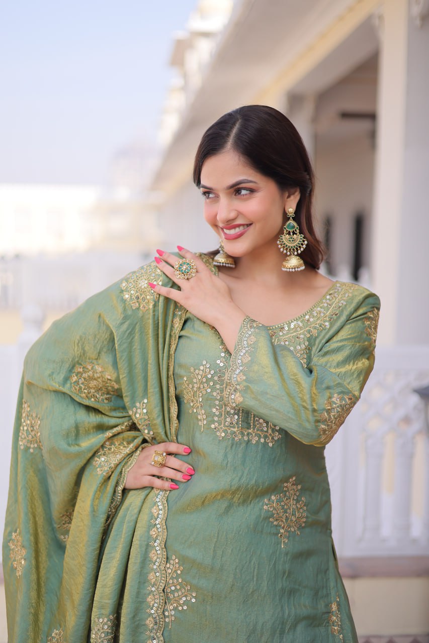 Kalikar Fendi Crush with Zari  Sequins Embroidered work Sharara Set - 1229