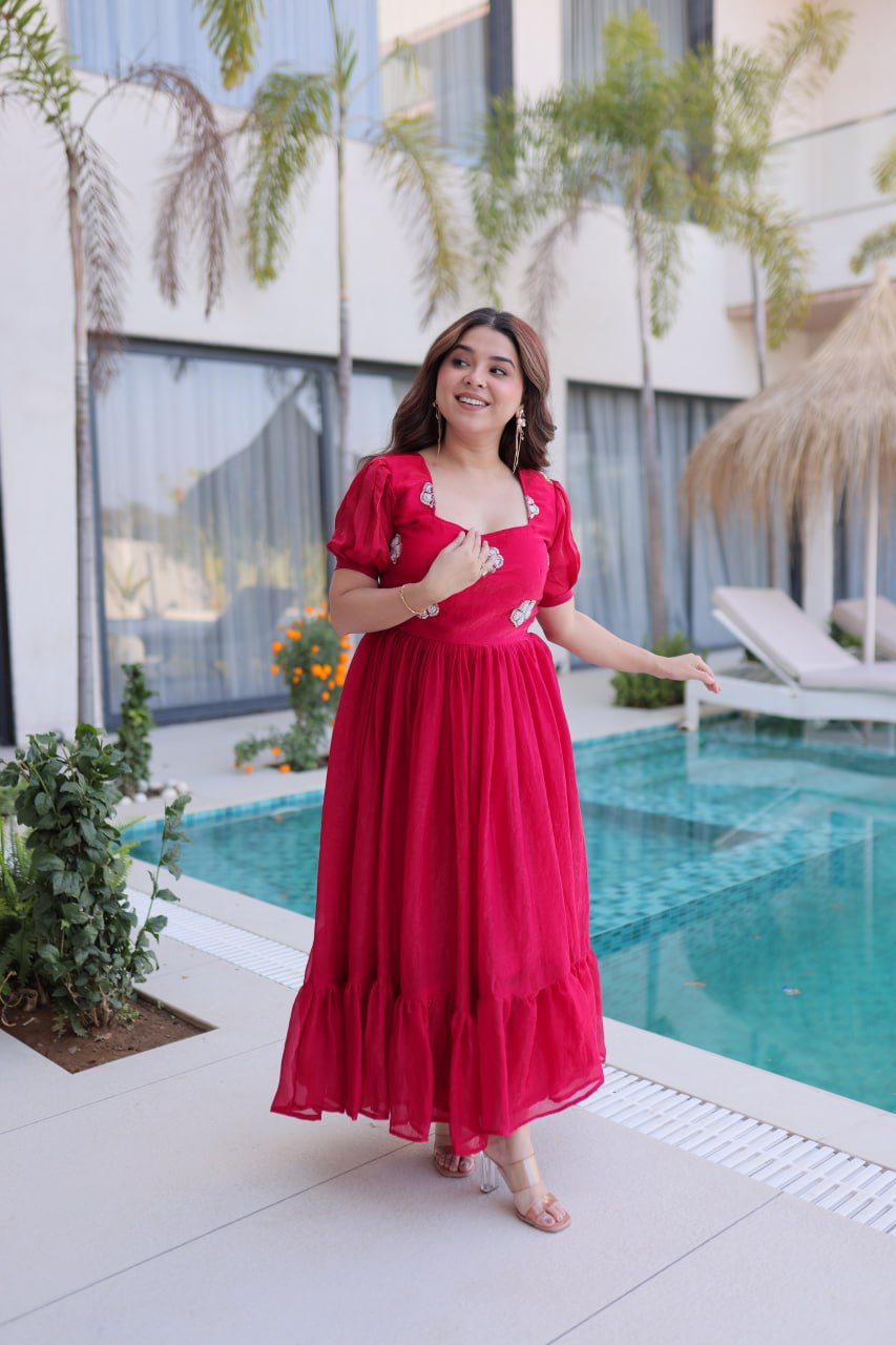 Kalikar Embroidered Work Gown 1224-Red Kalikar