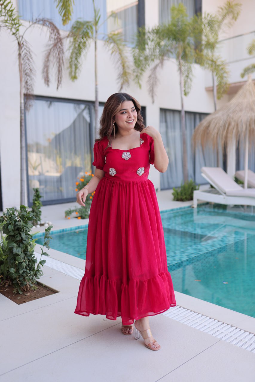 Kalikar Embroidered Work Gown 1224-Red Kalikar