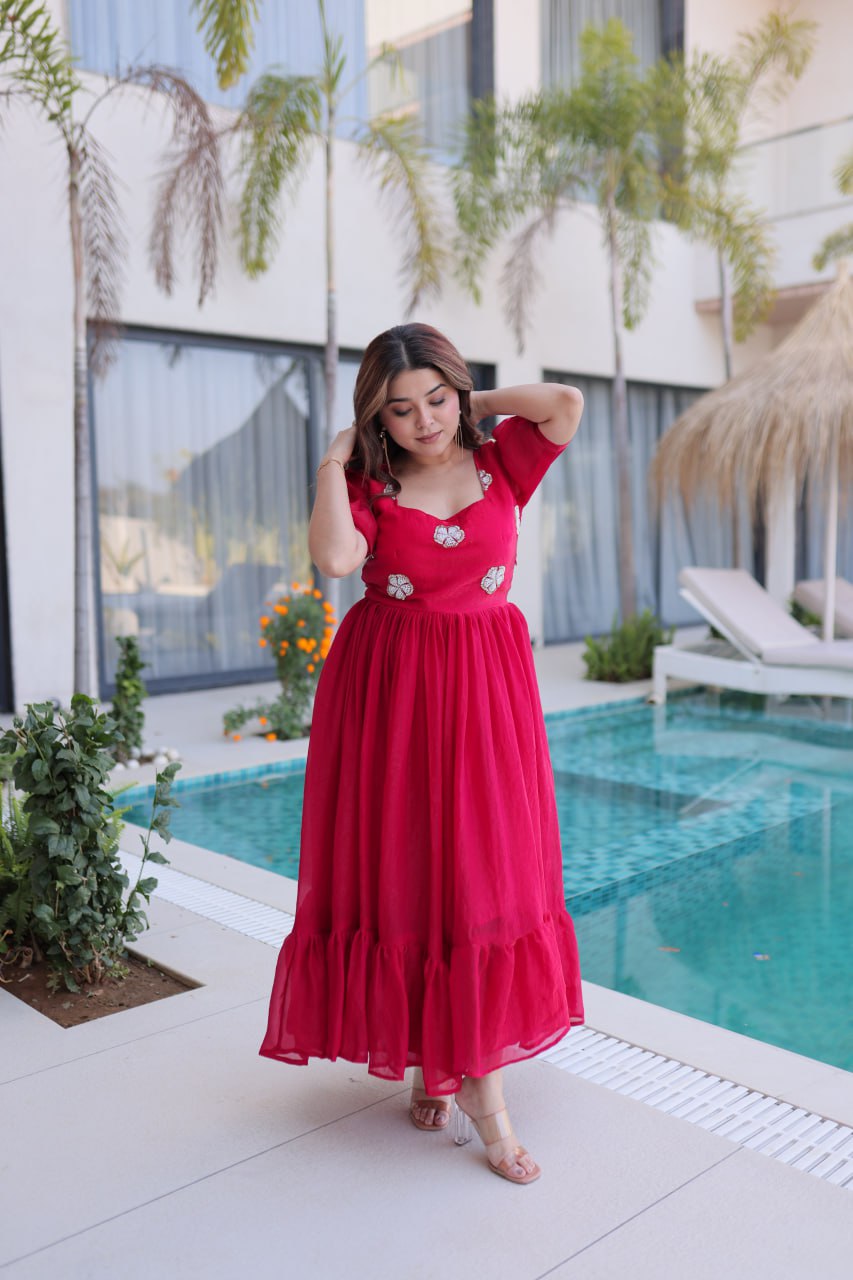 Designer Floral with Beads  Embellished Gown of Red Color
