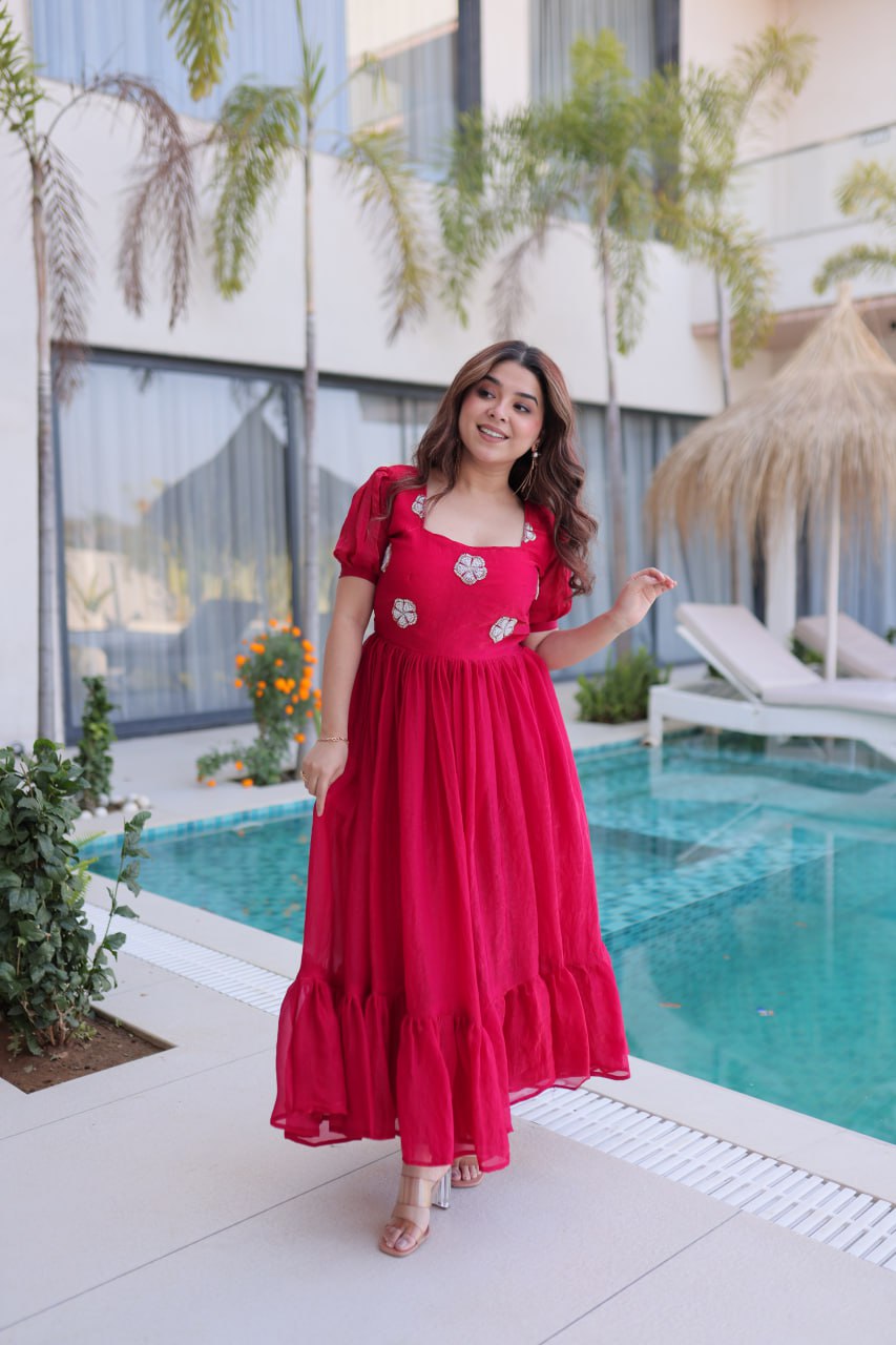 Designer Floral with Beads  Embellished Gown of Red Color