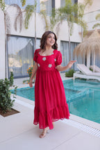 Designer Floral with Beads  Embellished Gown of Red Color