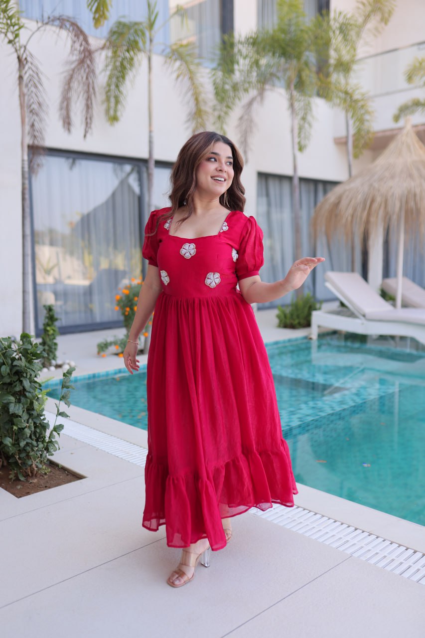 Designer Floral with Beads  Embellished Gown of Red Color
