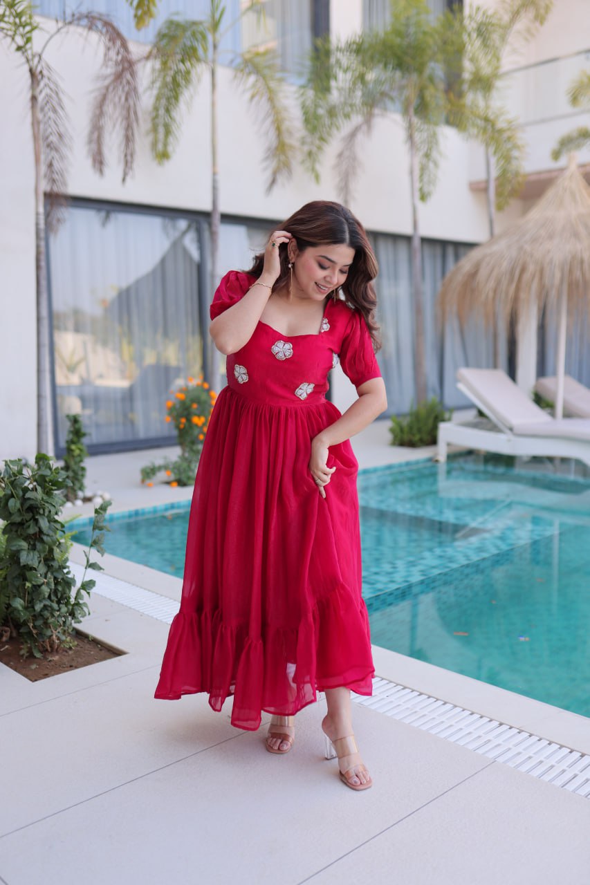 Designer Floral with Beads  Embellished Gown of Red Color