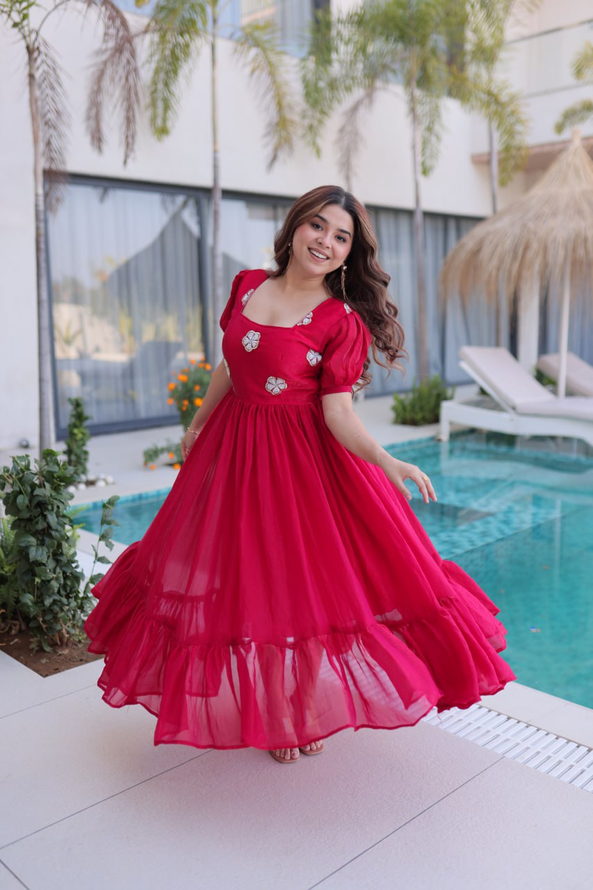 Designer Floral with Beads  Embellished Gown of Red Color