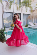 Designer Floral with Beads  Embellished Gown of Red Color