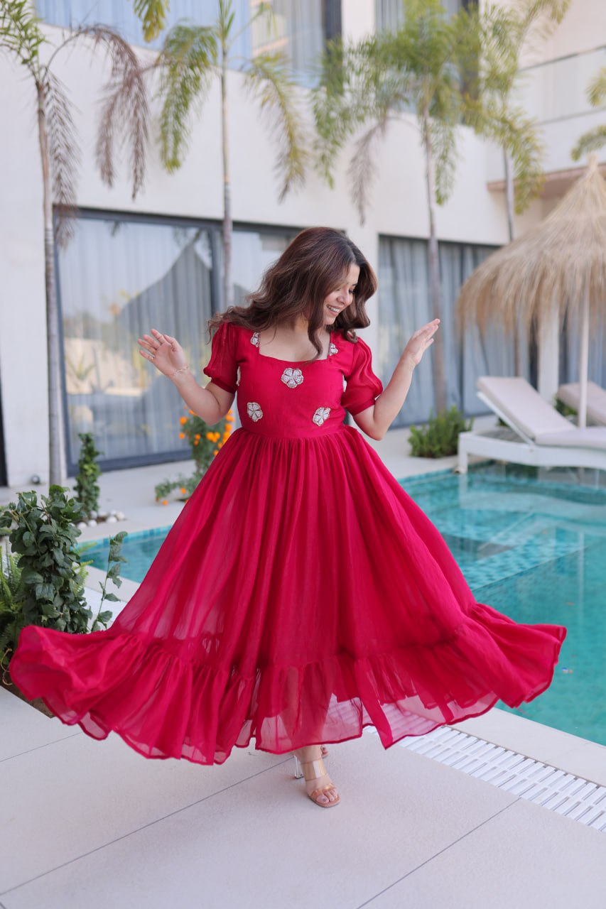 Designer Floral with Beads  Embellished Gown of Red Color