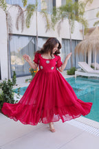 Designer Floral with Beads  Embellished Gown of Red Color
