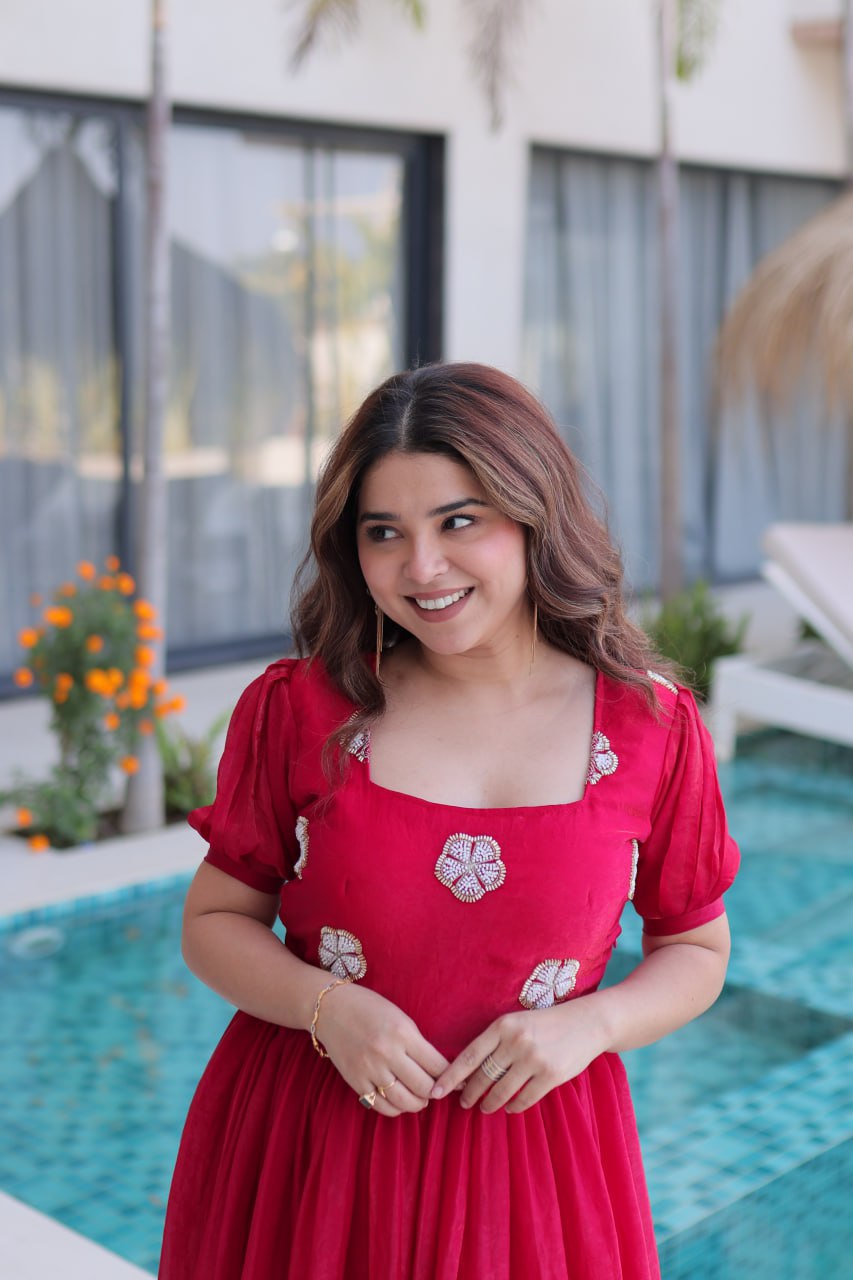 Designer Floral with Beads  Embellished Gown of Red Color