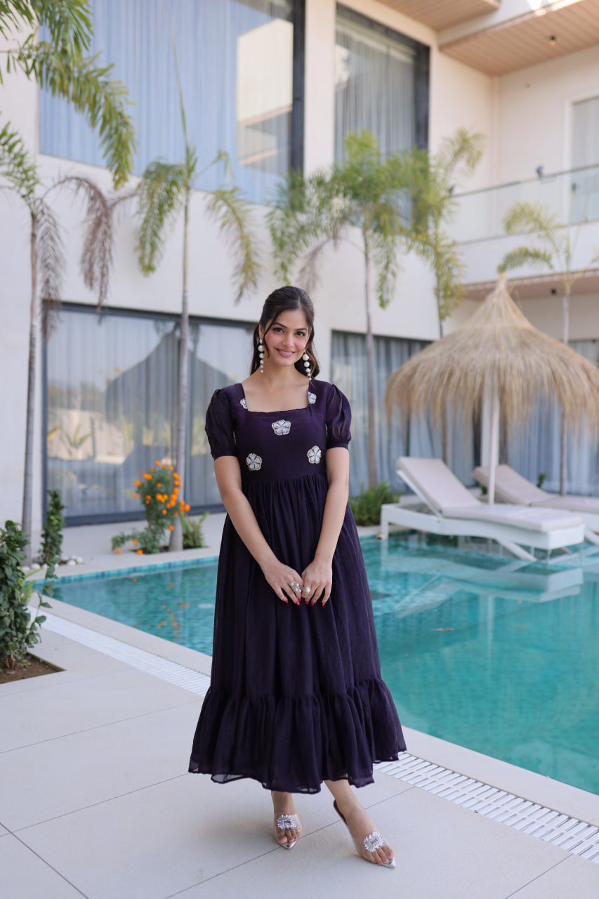 Designer Floral with Beads  Embellished Gown of Purple Color