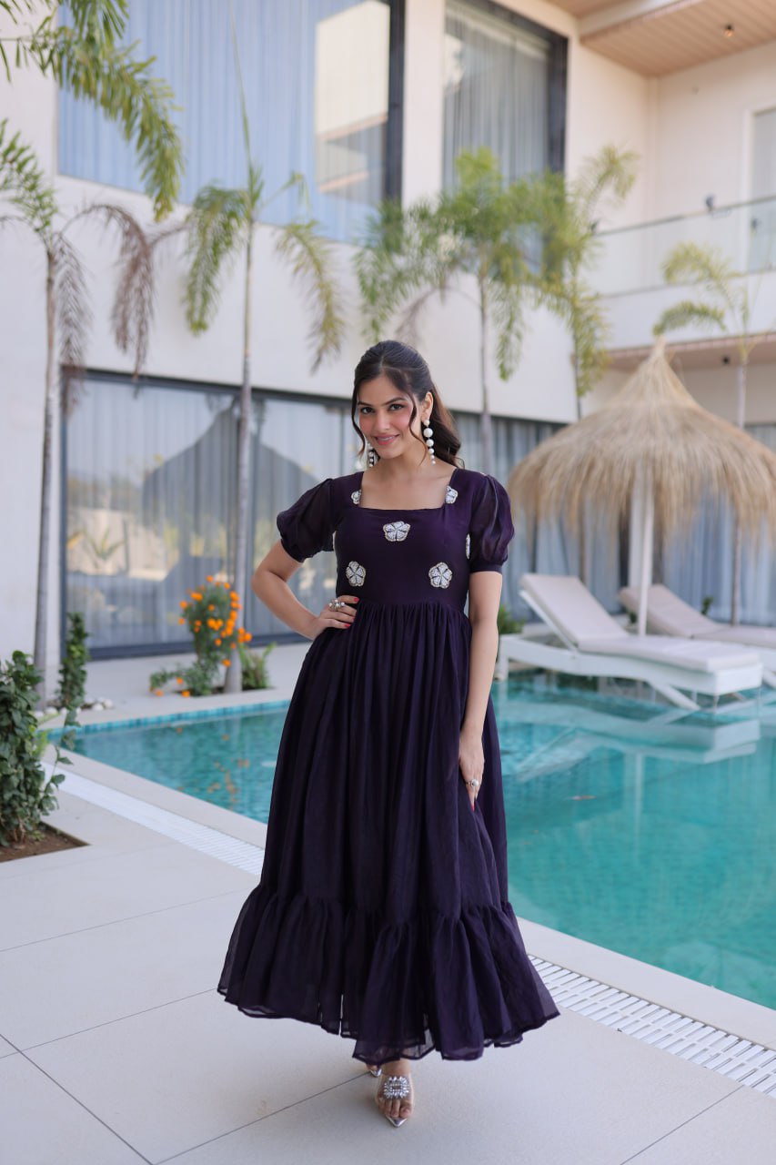 Designer Floral with Beads  Embellished Gown of Purple Color
