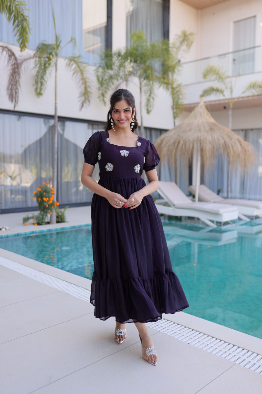 Designer Floral with Beads  Embellished Gown of Purple Color