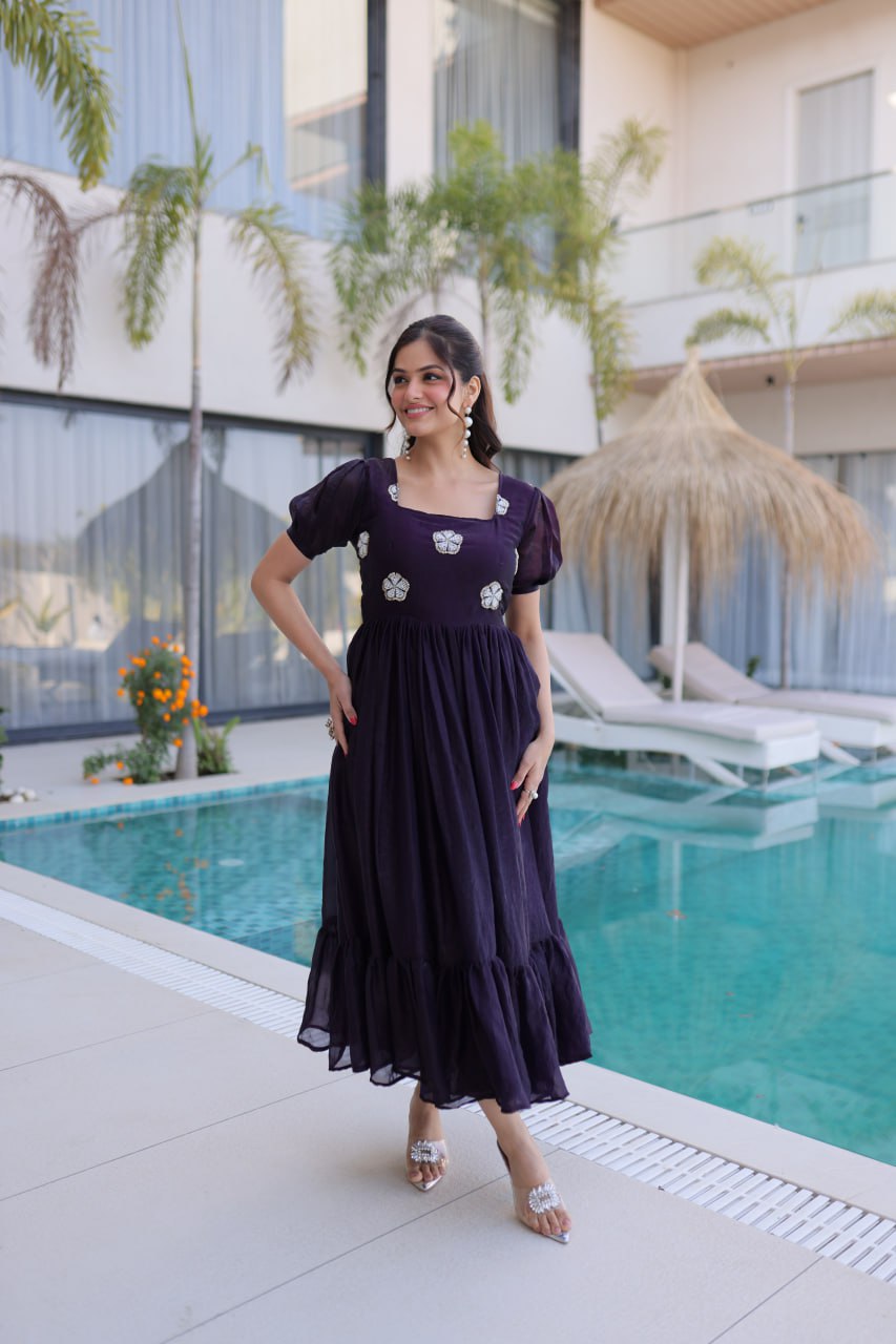 Designer Floral with Beads  Embellished Gown of Purple Color