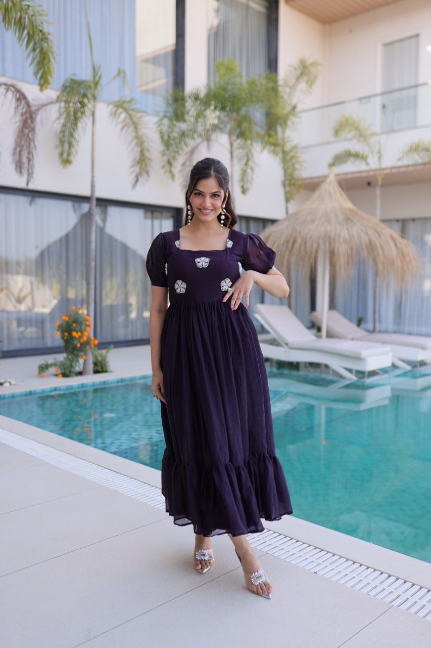Designer Floral with Beads  Embellished Gown of Purple Color
