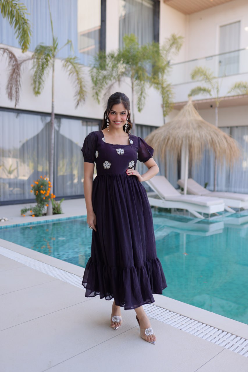 Designer Floral with Beads  Embellished Gown of Purple Color