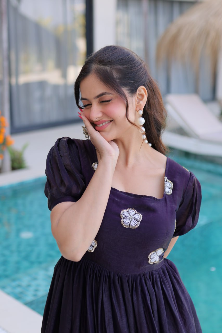 Designer Floral with Beads  Embellished Gown of Purple Color